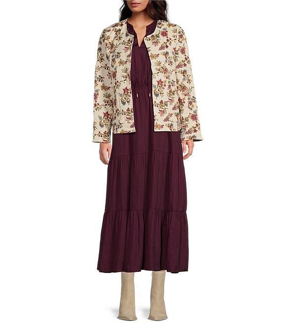 Skies Are Blue Quilted Floral Print Crew Neck Long Sleeve Button Front Jacket Product Image