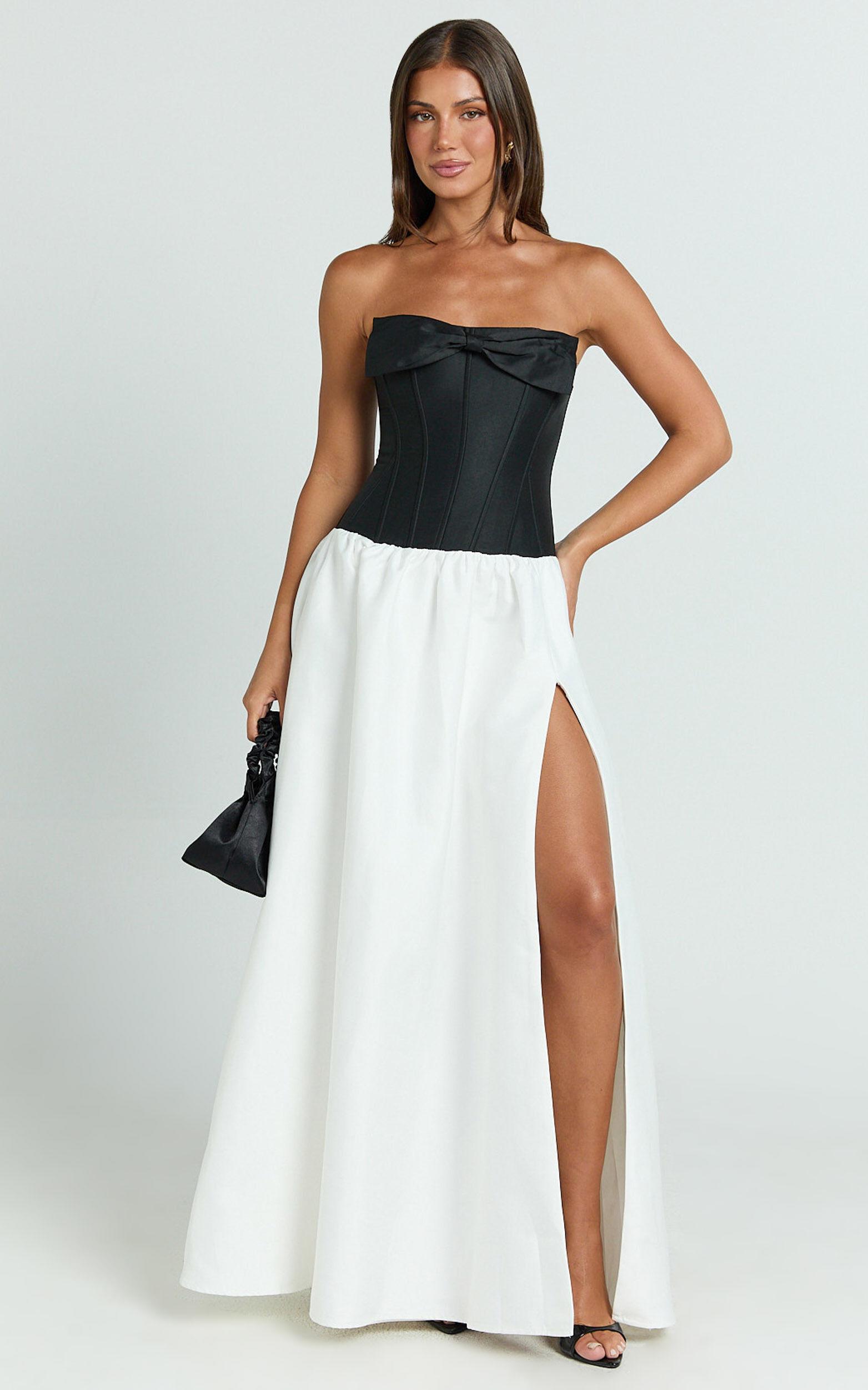 Santana Mini Dress - Strapless Fit And Flare Bubble Hem Dress in Black/White Product Image