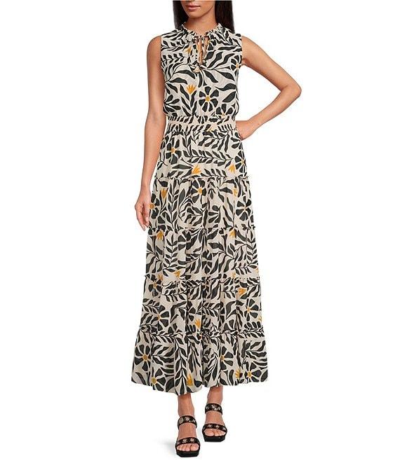 1. STATE Woven Split Round Neck Sleeveless Smocked Waist Tiered Maxi Dress Product Image