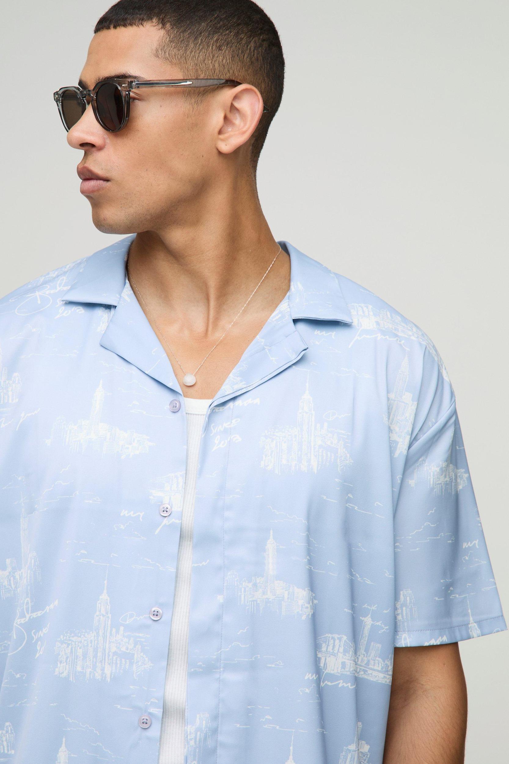 Oversized Scenic Print Satin Revere Shirt | boohooMAN USA Product Image