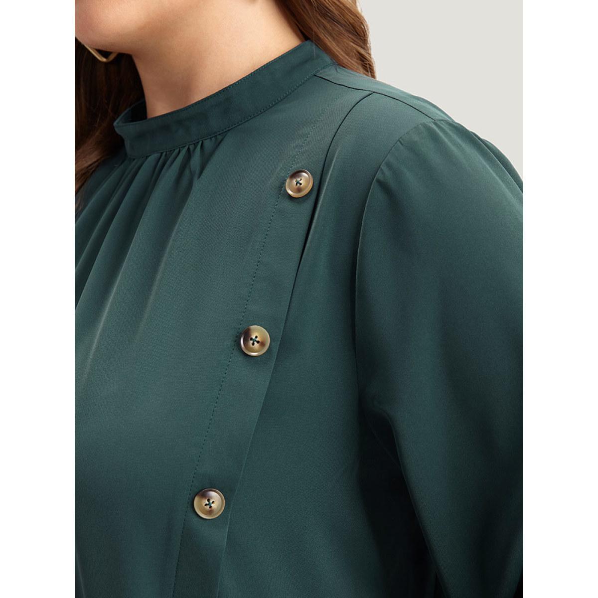 Plus Size Cyan Anti-Wrinkle Asymmetrical Button Gathered Blouse Women Office Long Sleeve Round Neck Work Blouses BloomChic 18-20/2X Product Image