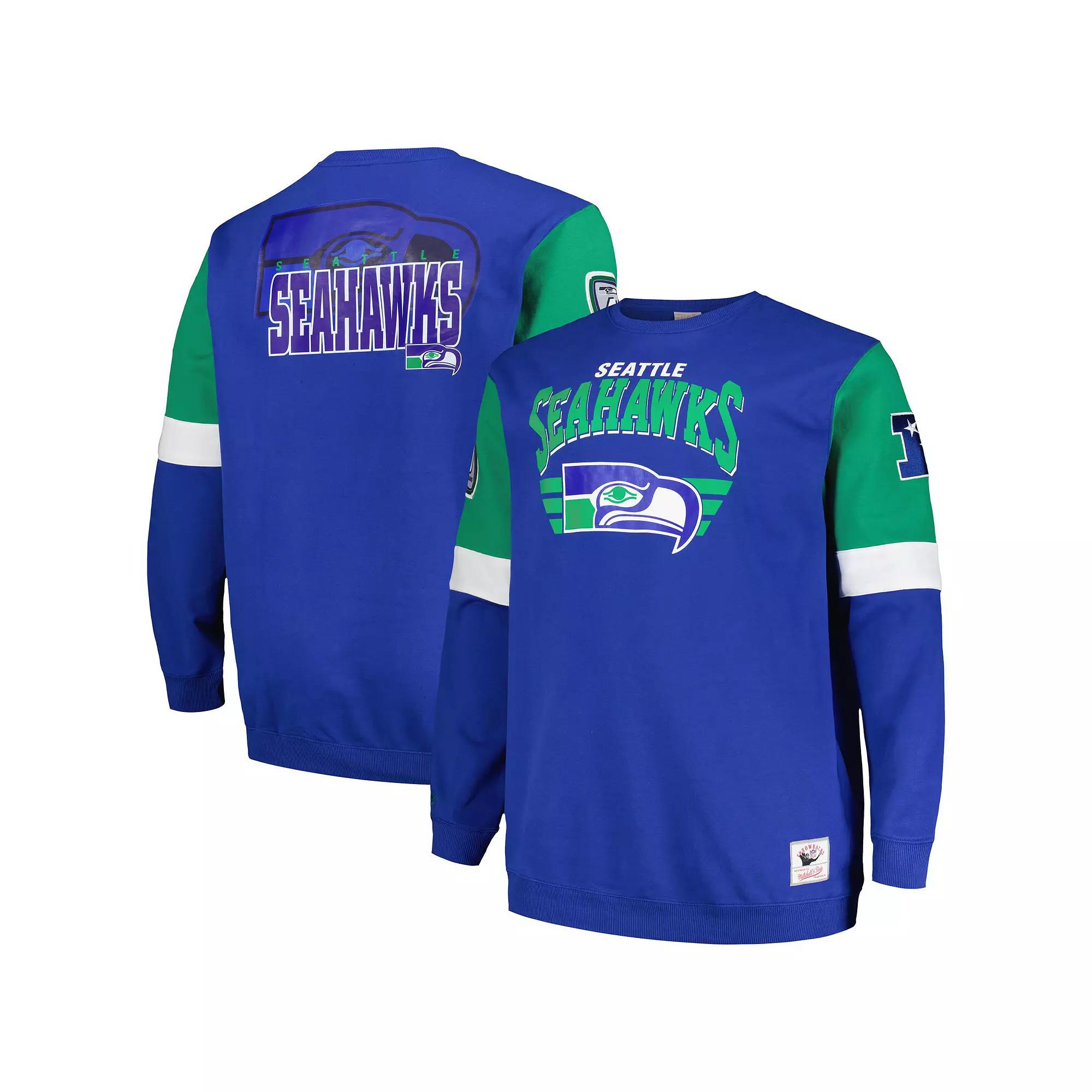Men's Mitchell & Ness Royal Seattle Seahawks Big & Tall Fleece Pullover Sweatshirt,  Product Image