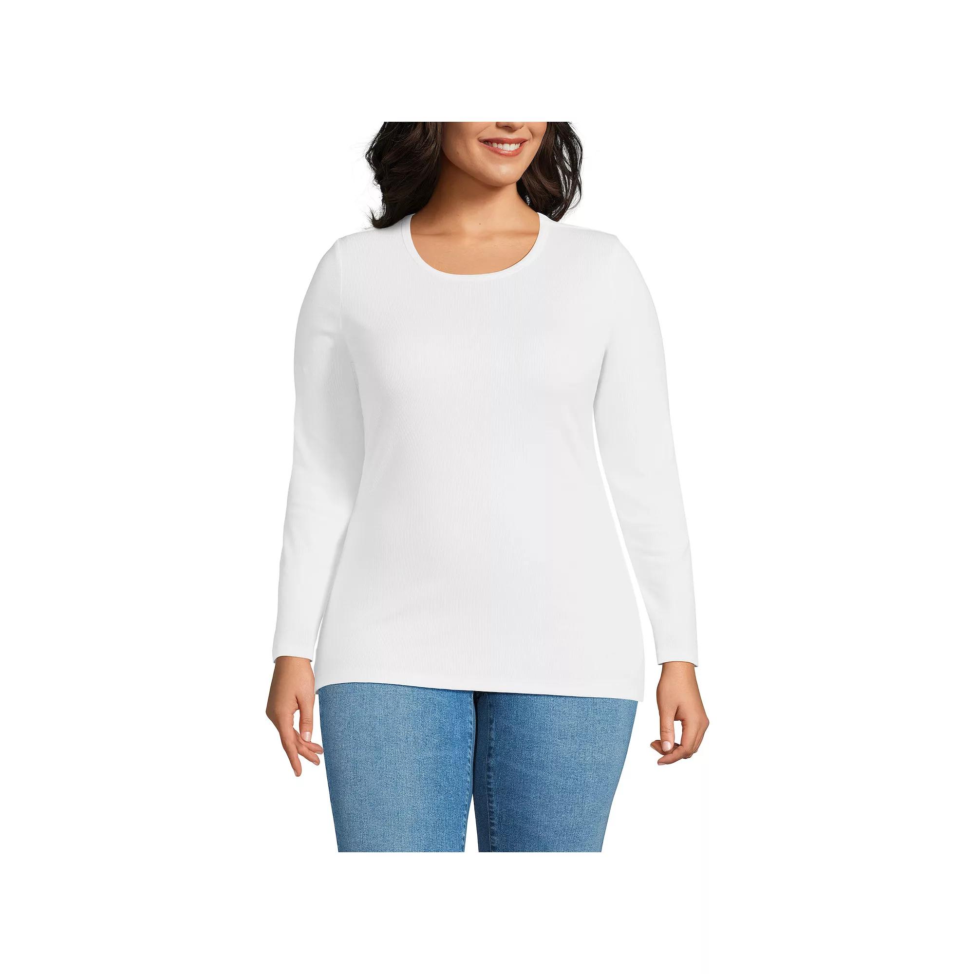Plus Size Lands' End Long Sleeve Micro Rib Crewneck Top, Women's, Size: 2XL, White Product Image
