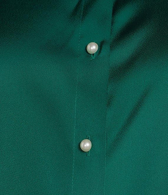 CeCe Plus Size Satin Point Collar Long Sleeve Tall Cuff Pearl Button Front Blouse Product Image