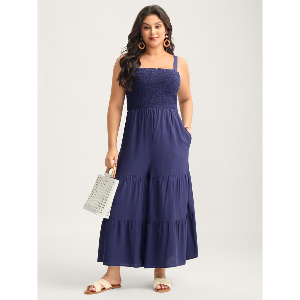 Plus Size DarkBlue Shirred Bodice Tiered Cami Jumpsuit Women Short sleeve Non Vacation Loose Jumpsuits BloomChic 12/L Product Image