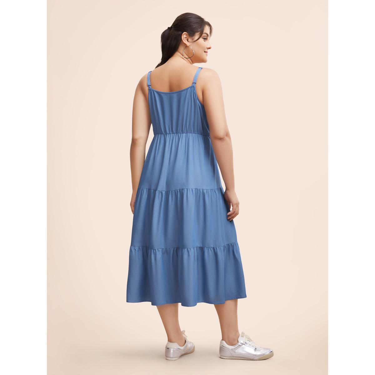 Plus Size Solid Ruffle Layered Hem Cami Dress Mediumblue Women Casual Gathered Heart neckline Sleeveless Curvy BloomChic 30/6X Product Image