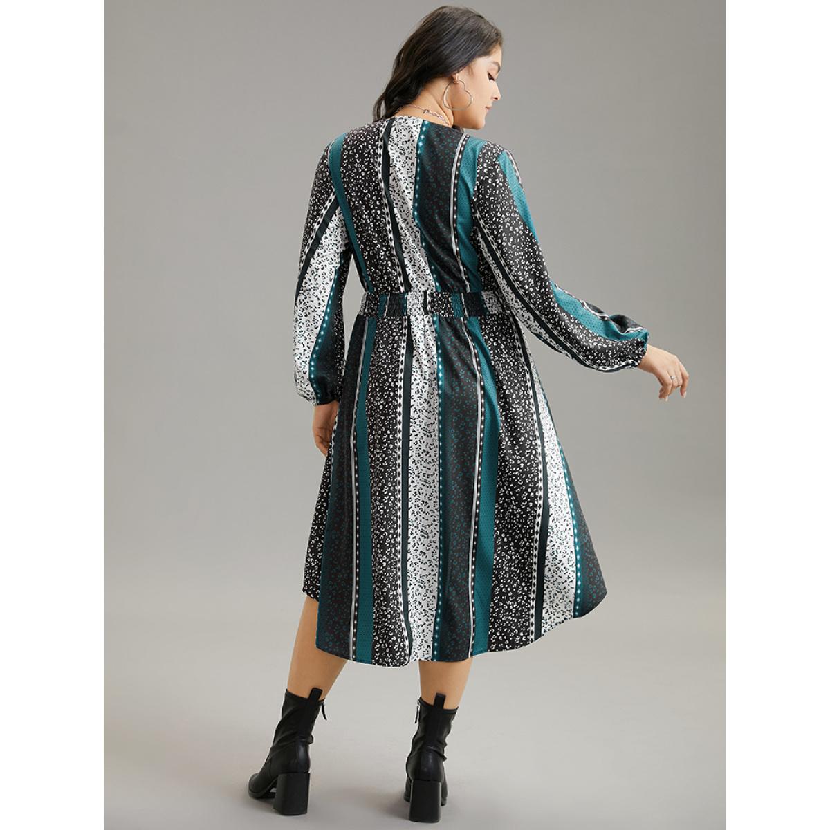 Plus Size Boho Print Striped Shirred Wrap Dress Aegean Women Vacation Elastic cuffs V-neck Long Sleeve Curvy Midi Dress BloomChic 26/4X Product Image