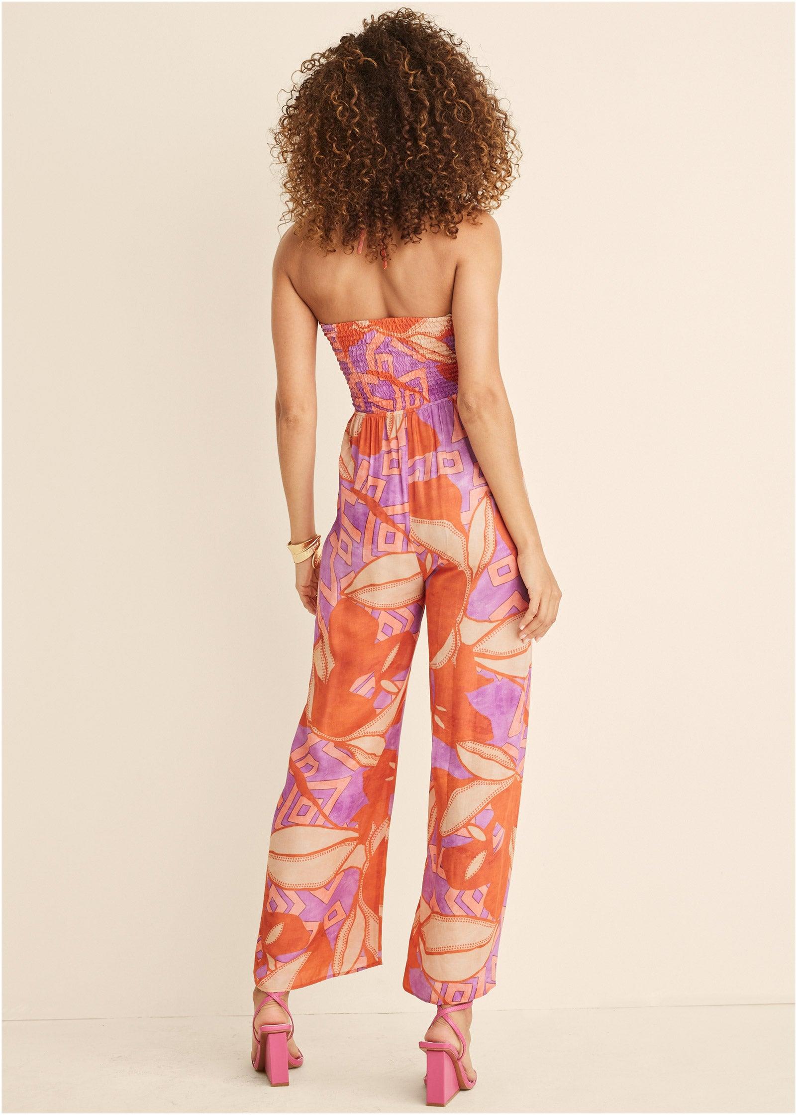 Smocked Printed Jumpsuit - Orange Multi Product Image