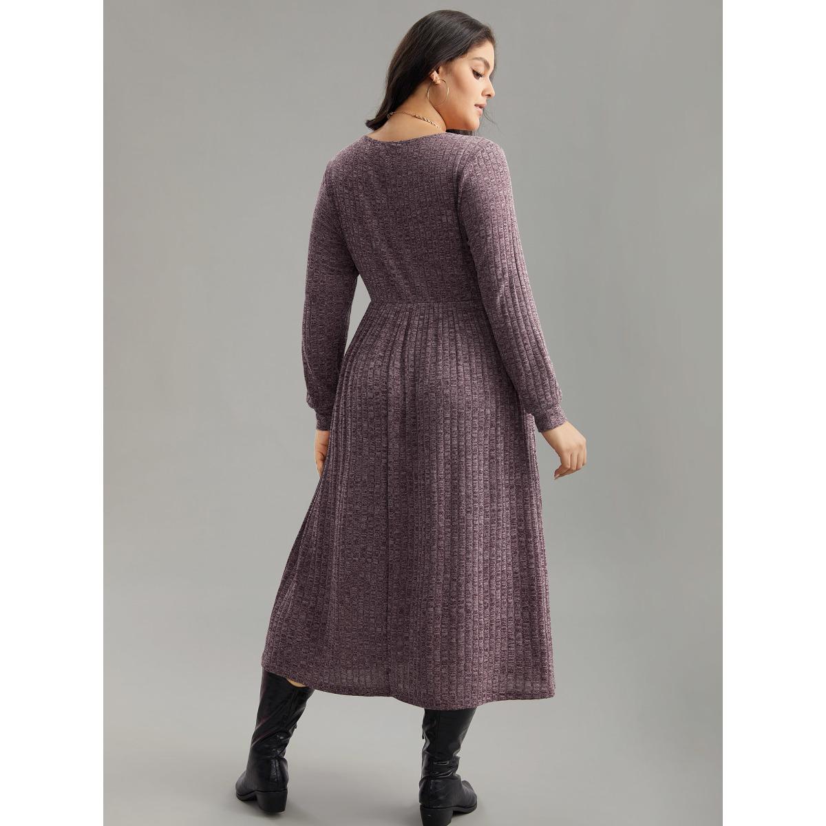 Plus Size Rib Knit Plain Plisse Long Sleeve Dress Mauve Women Leisure Rib Knit V-neck Long Sleeve Curvy Midi Dress BloomChic 28/5X Product Image