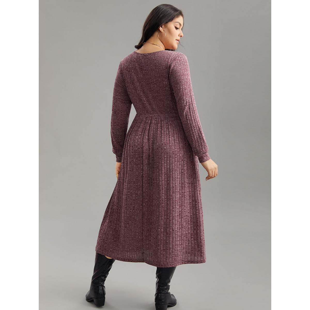 Plus Size Rib Knit Plain Plisse Long Sleeve Dress Purple Women Leisure Rib Knit V-neck Long Sleeve Curvy Midi Dress BloomChic 12/L Product Image