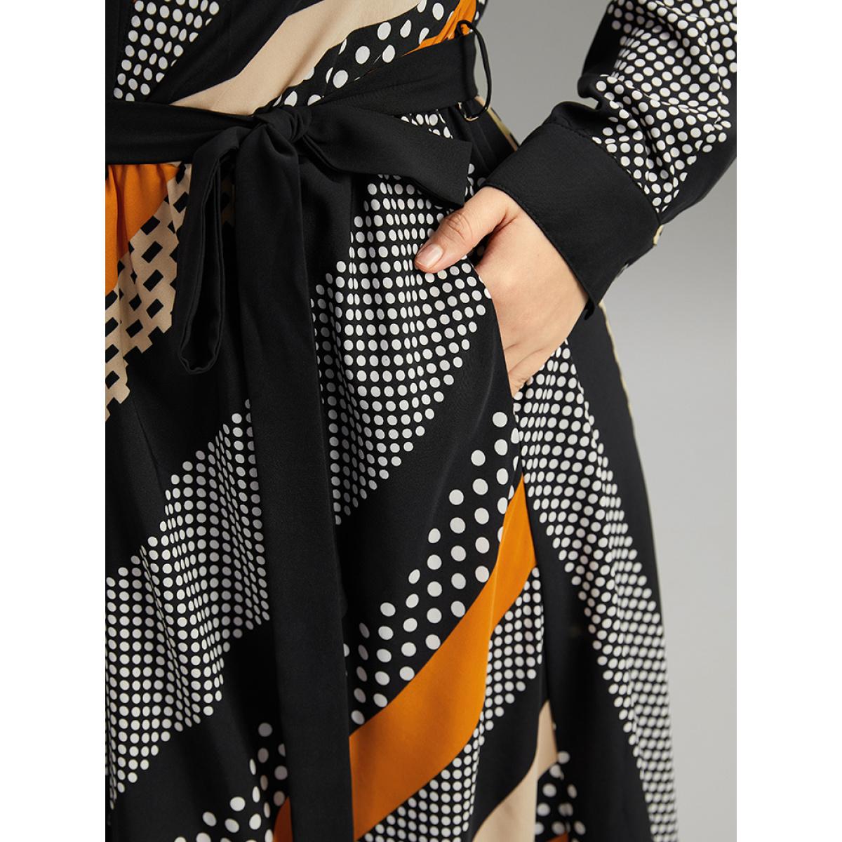 Plus Size Polka Dot Striped Belted Button Through Dress Orange Women At the Office Belted Mock Neck Long Sleeve Curvy Midi Dress BloomChic 28/5X Product Image