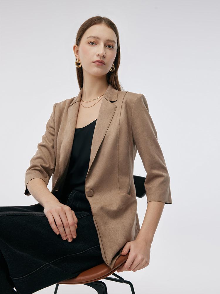 Faux Suede One Button 3/4 Sleeve Women Blazer Product Image