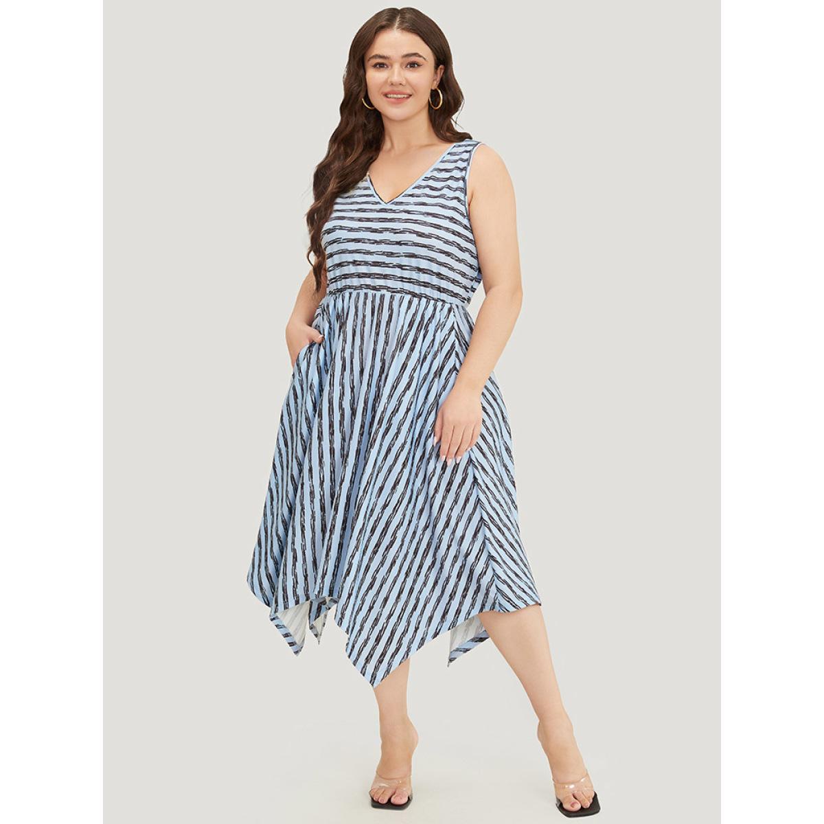 Plus Size Striped Print Hanky Hem Pocket V Neck Tank Dress Stone Women Elegant Gathered V-neck Sleeveless Curvy Midi Dress BloomChic 22-24/3X Product Image