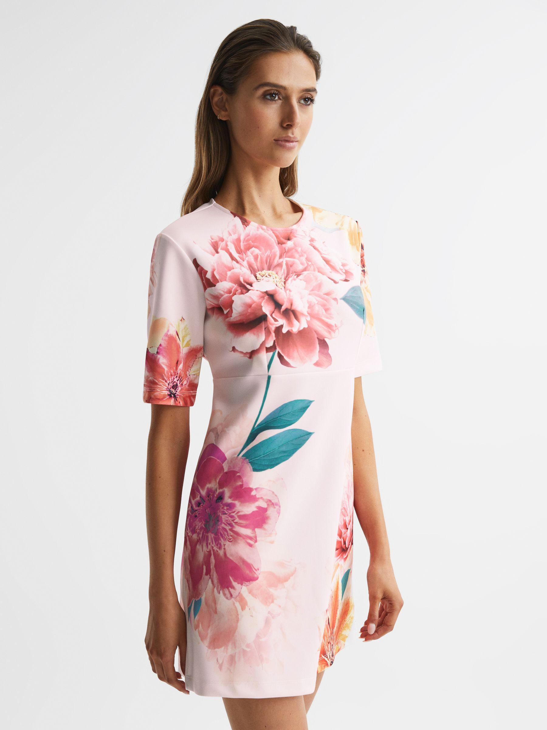 Floral Printed Mini Shift Dress in Pink Product Image