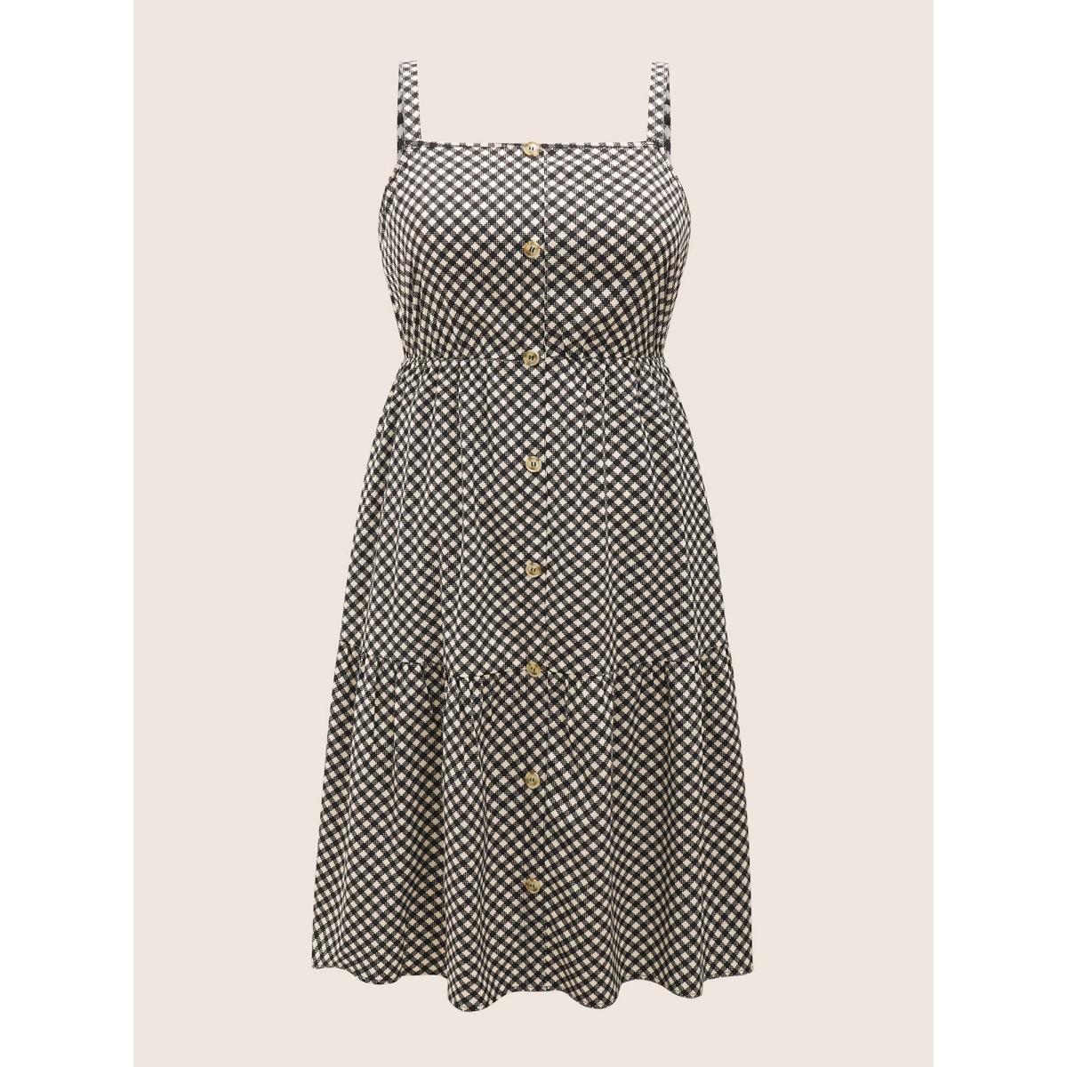 Plus Size Gingham Button Detail Patchwork Cami Dress Black Women Casual Non Non Sleeveless Curvy Midi Dress BloomChic 10/M Product Image