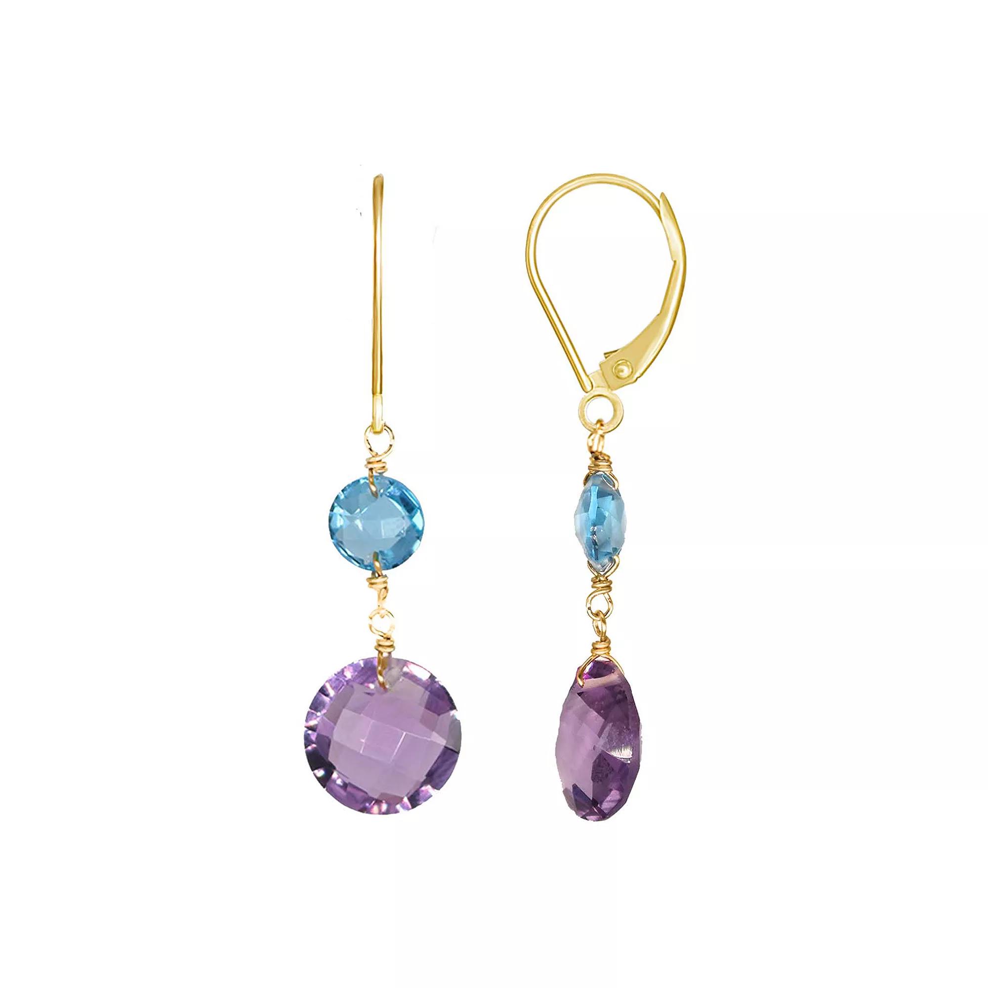 Jewelmak 14k Gold Swiss Blue Topaz & Amethyst Coin Dangle Leverback Earrings, Women's Product Image