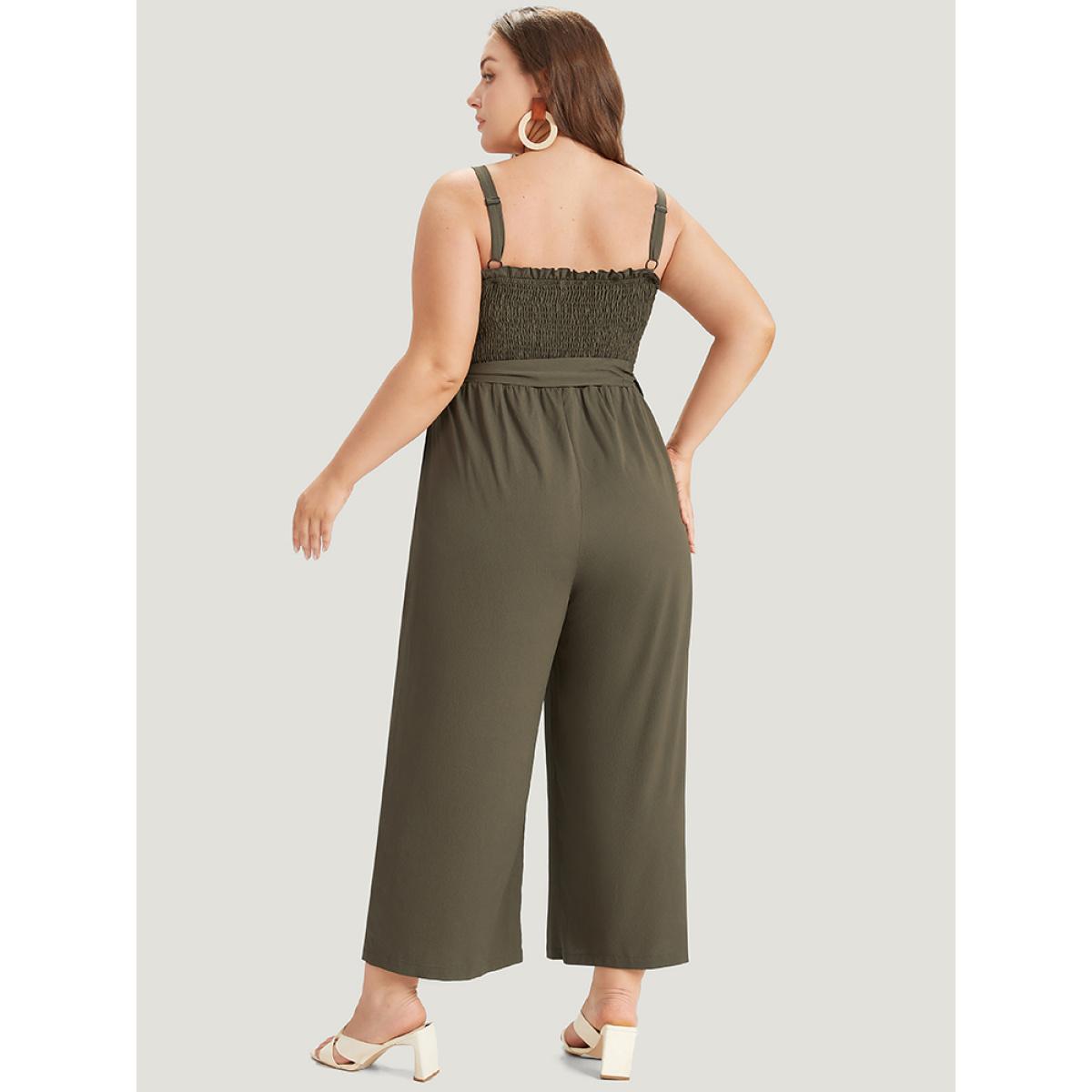Plus Size ArmyGreen Shirred Frill Trim Belted Button Detail Cami Jumpsuit Women Elegant Sleeveless Square Neck Dailywear Loose Jumpsuits BloomChic 14-16/1X Product Image