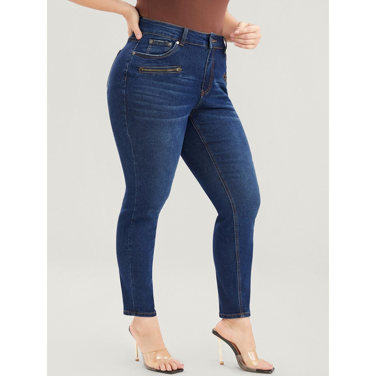 Plus Size Skinny Slightly Stretchy High Rise Dark Wash Zipper Front Jeans Women Indigo Casual Plain Zipper Low stretch Pocket Jeans BloomChic 16/1X Product Image