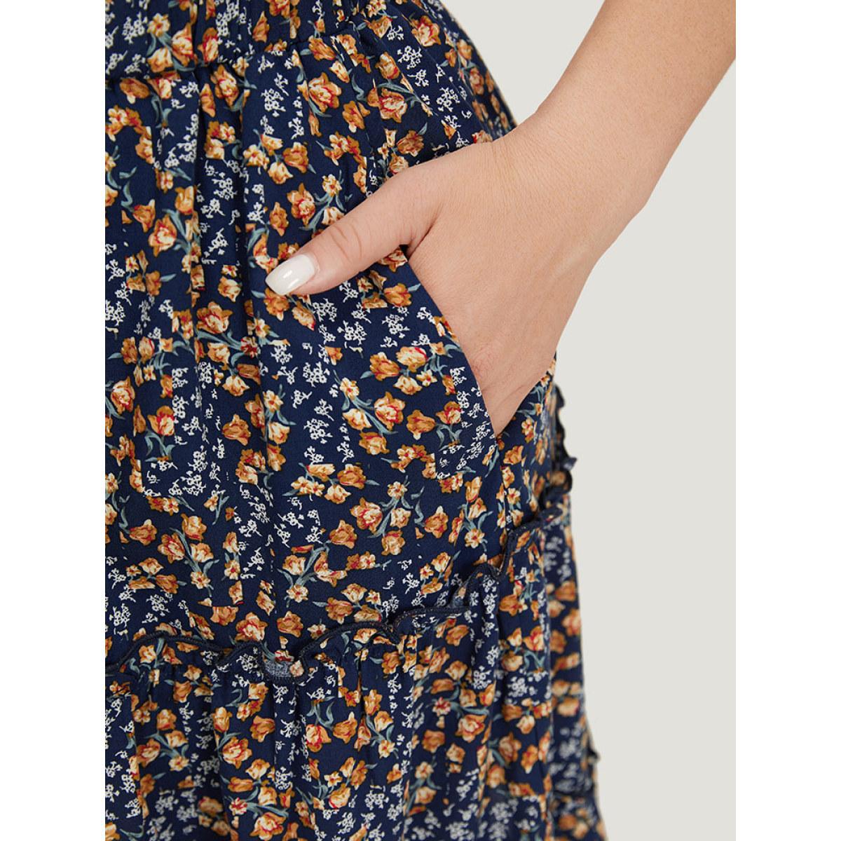 Plus Size Ditsy Floral Ruffle Hem Pocket Frill Trim Skirt Women Indigo Elegant Printed No stretch Dailywear Skirts BloomChic 26/4X Product Image