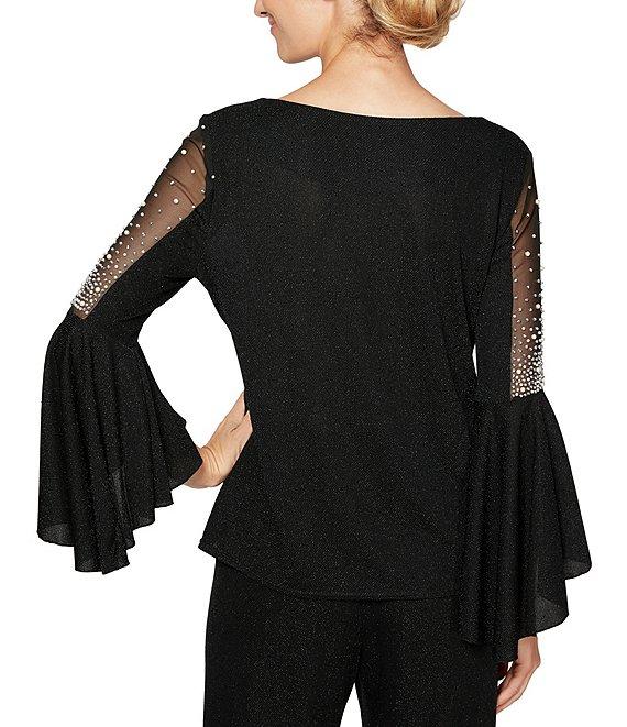 Alex Evenings Petite Size Metallic Knit 3/4 Cascade Beaded Bell Sleeve Blouse Product Image
