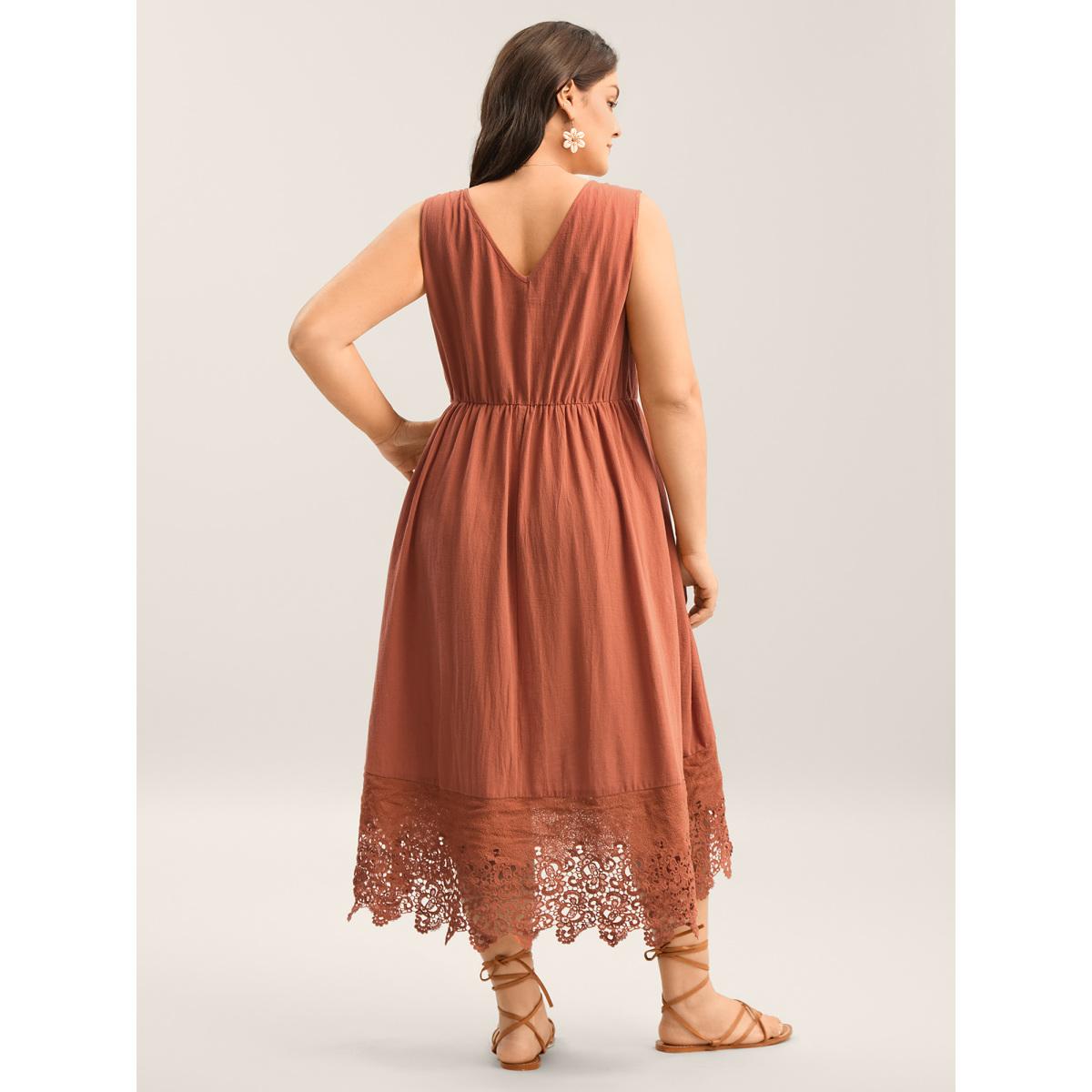 Plus Size Cotton Lace Trim High Low Hem Midi Dress Rust Women V-neck Sleeveless Curvy BloomChic 26/4X Product Image