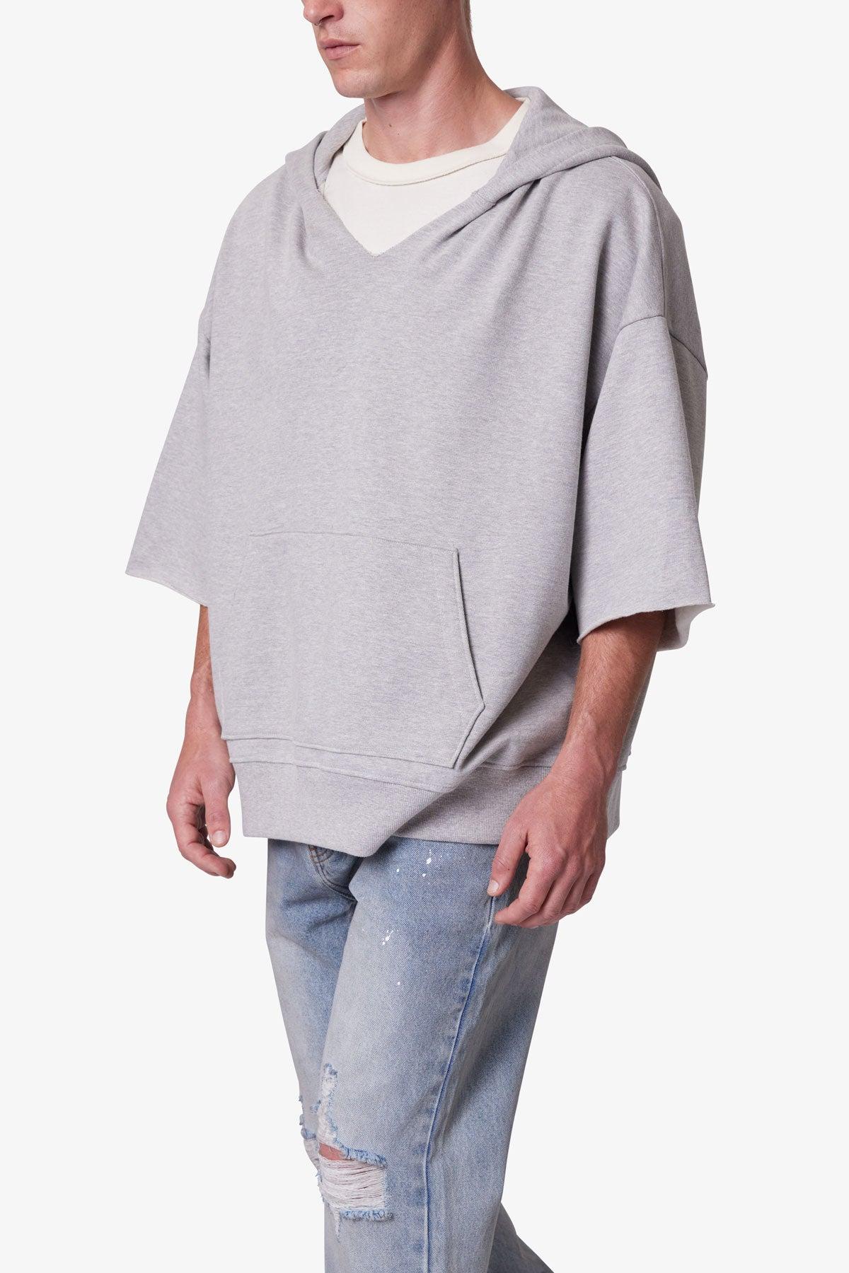 Hooded 3/4 Sleeve Rag Sweater - Grey Product Image