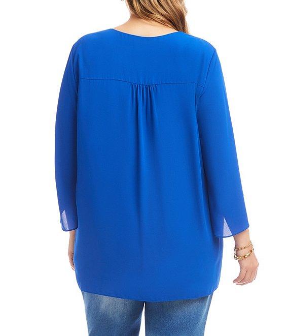 Karen Kane Plus Size V-Neck 3/4 Sleeve Crossover Hem Silky Crepe Top Product Image