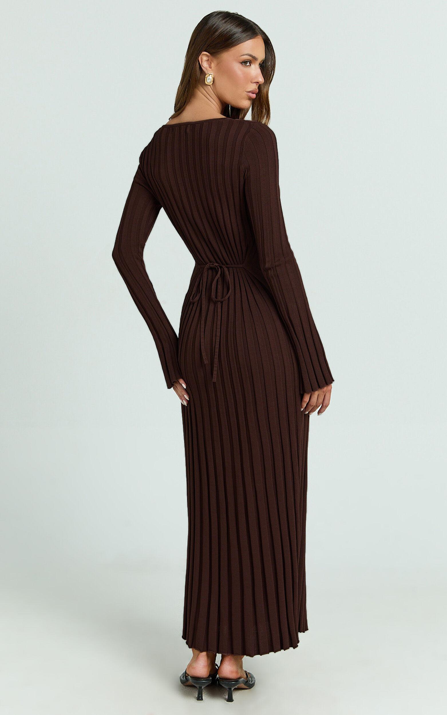 Astra Maxi Dress - V Neck Long Sleeve Knit Dress in Chocolate Product Image
