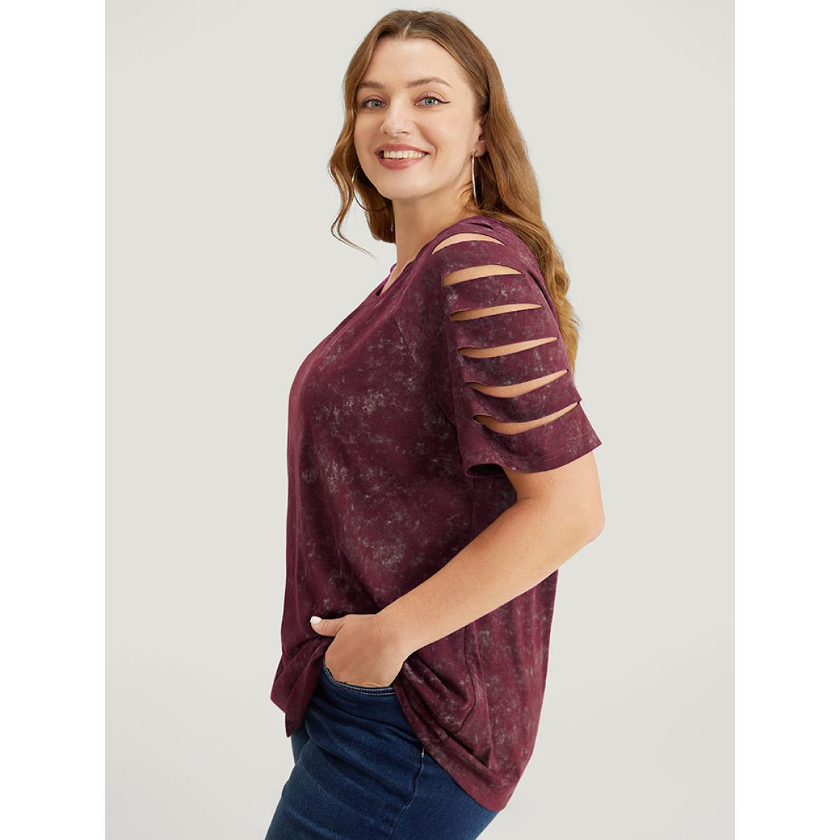 Plus Size Solid Cut Out Raglan Sleeve T-shirt Burgundy Women Casual Cut-Out Plain Round Neck Dailywear T-shirts BloomChic 30/6X Product Image
