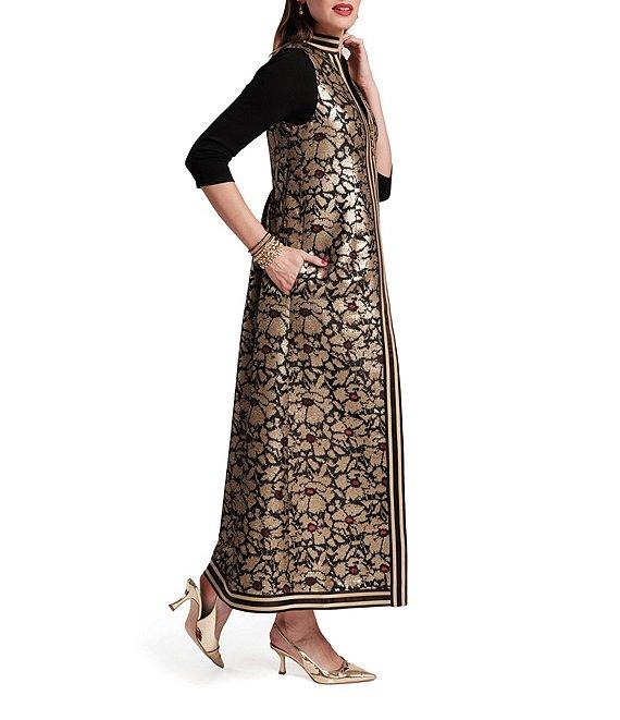 FRANCES VALENTINE Susie Winter Anemone Floral Metallic Jacquard Mandarin Collar Sleeveless Jacket Vest Product Image