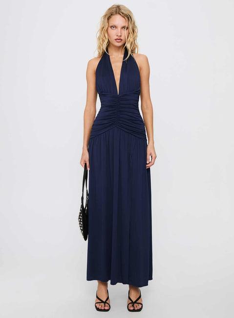 Diona Halter Ruched Maxi Dress Navy Product Image