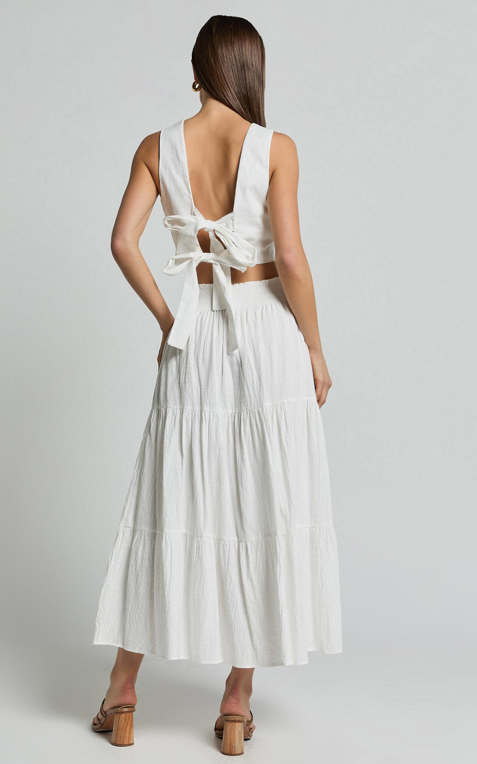 Ruby Midi Skirt - Shirred High Waist Cotton Tiered Skirt in Off White Product Image