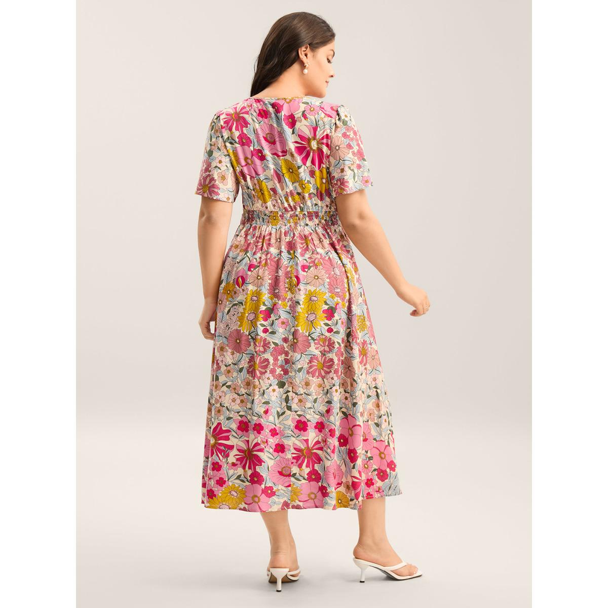 Plus Size Vibrant Floral Print Pleated Waist Midi Dress Blush Women V-neck Short sleeve Curvy BloomChic 26/4X Product Image