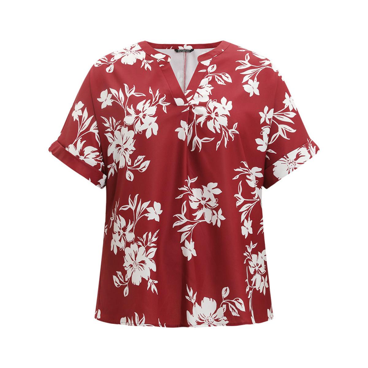Plus Size Multicolor Silhouette Floral Print Notched Roll Sleeve Blouse Women Elegant Short sleeve V-neck Dailywear Blouses BloomChic 26/4X Product Image