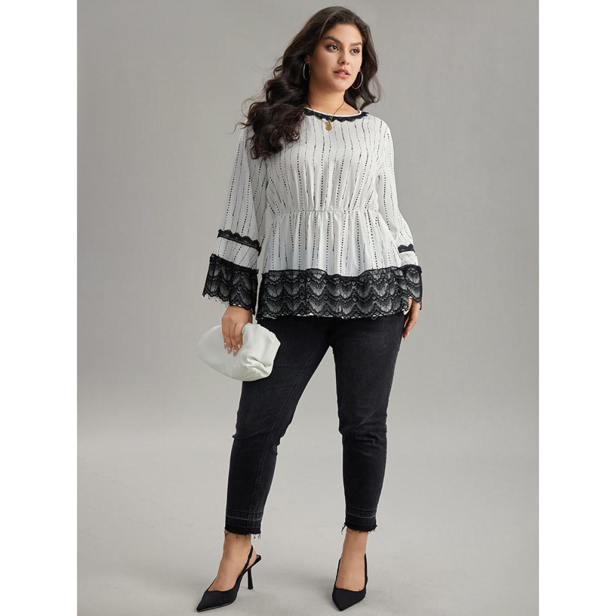 Plus Size White Dot Striped Contrast Lace Elastic Waist Blouse Women Elegant Long Sleeve Round Neck Dailywear Blouses BloomChic 26/4X Product Image