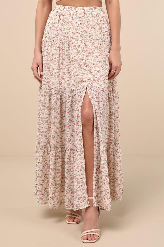 Subtle Sweetness Cream Floral Print Tiered Maxi Skirt Product Image