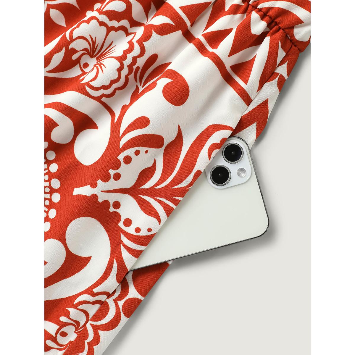 Plus Size Geometric Print Notched Collar Maxi Dress Rust Women Flat collar with V-notch Elbow-length sleeve Curvy BloomChic 28/5X Product Image