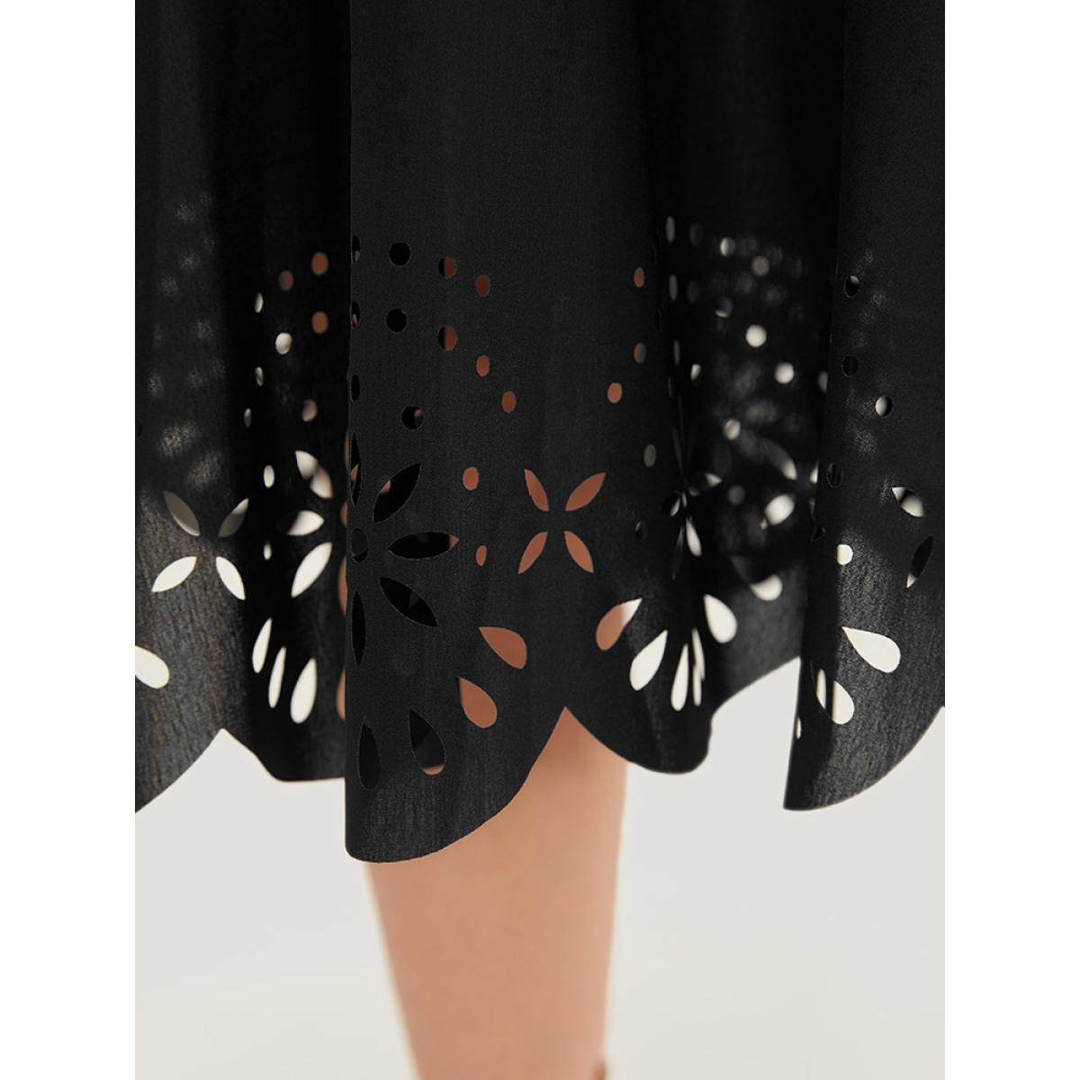 Plus Size Plain Wrap Pocket Scalloped Trim Laser Cut Flutter Dress Black Women Elegant Wrap V-neck Short sleeve Curvy Midi Dress BloomChic 12/L Product Image