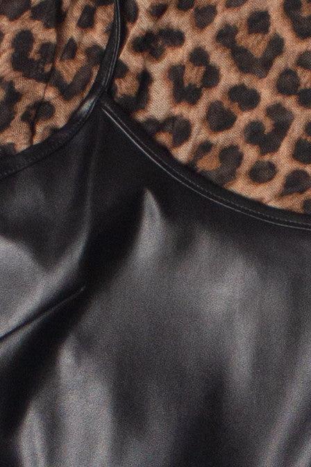 Pleather Mini Dress With Leopard Print Mesh Long Sleeve Tee Product Image