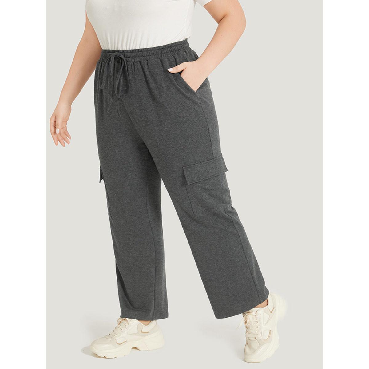 Letter Patched Flap Pocket Bowknot Elastic Waist Sweatpants DimGray Plus Size Women Casual Dailywear Plain 22-24/3X Bloomchic Product Image