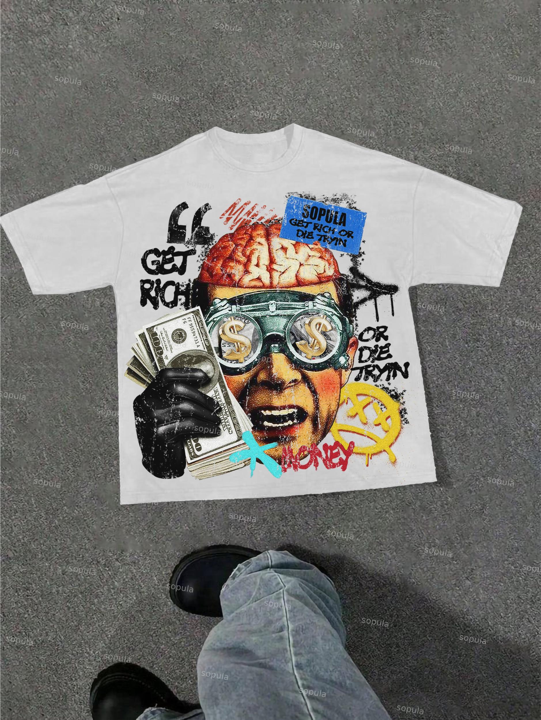 Vintage Get Rich Money Portrait Print Cotton T-shirt Product Image