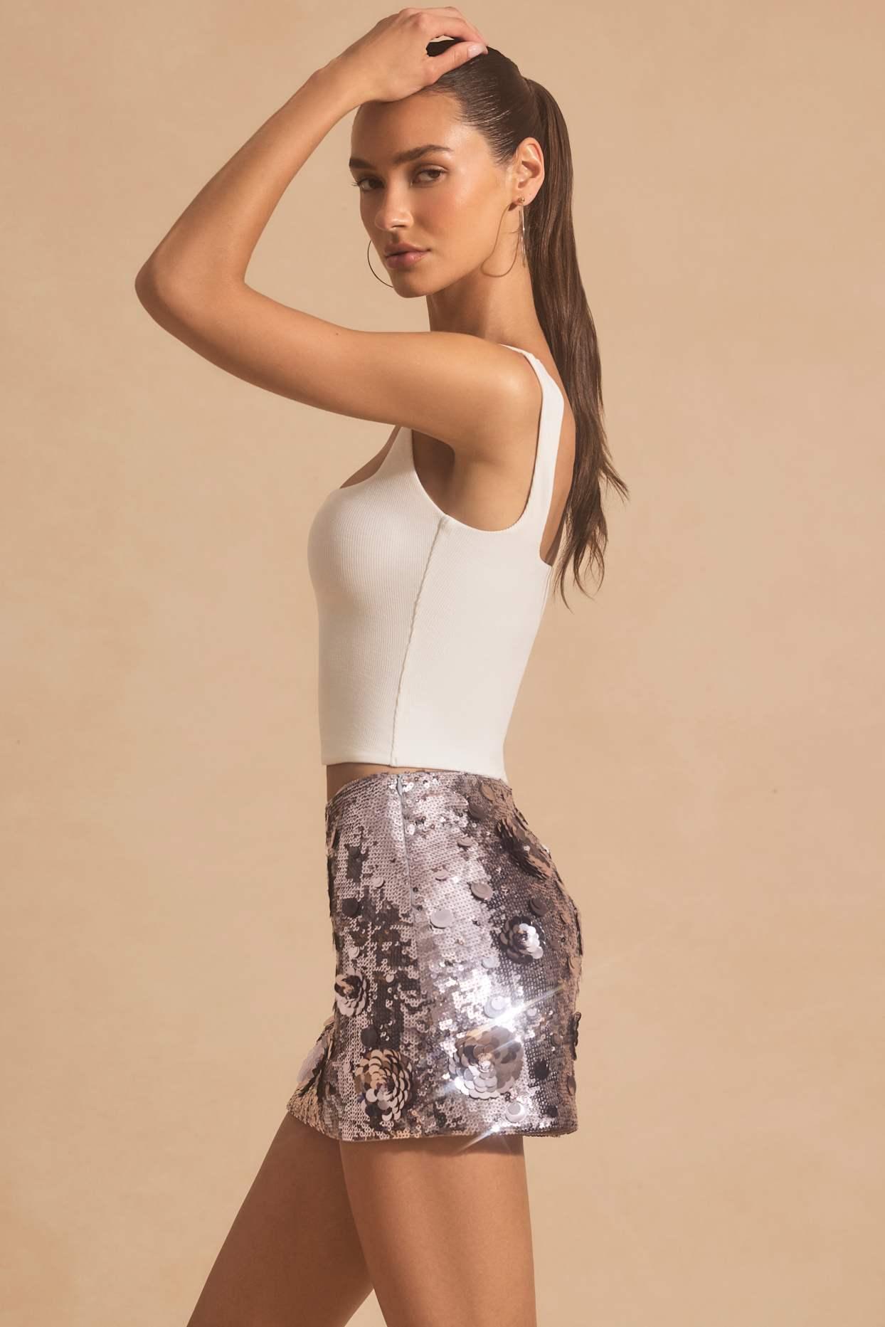 Sequin-Embellished Mini Skirt in Silver Product Image
