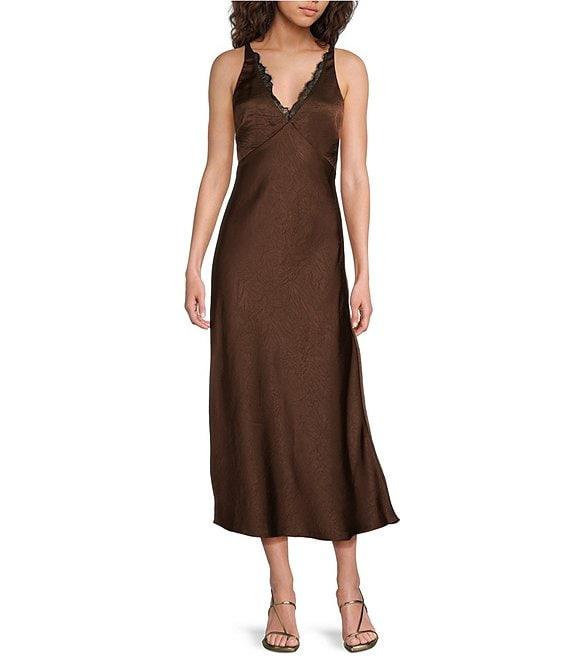Lucy Paris Satin Lace V-Neck Sleeveless Midi Dress Product Image