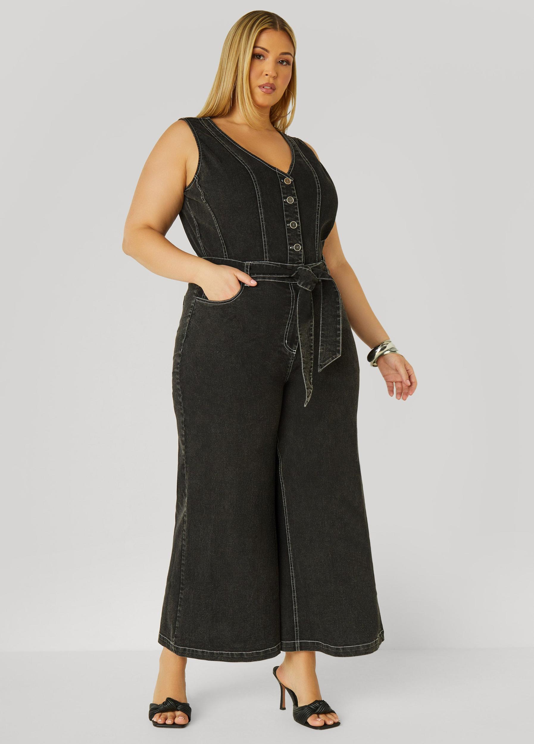 Belted Denim Wide Leg Jumpsuit Product Image