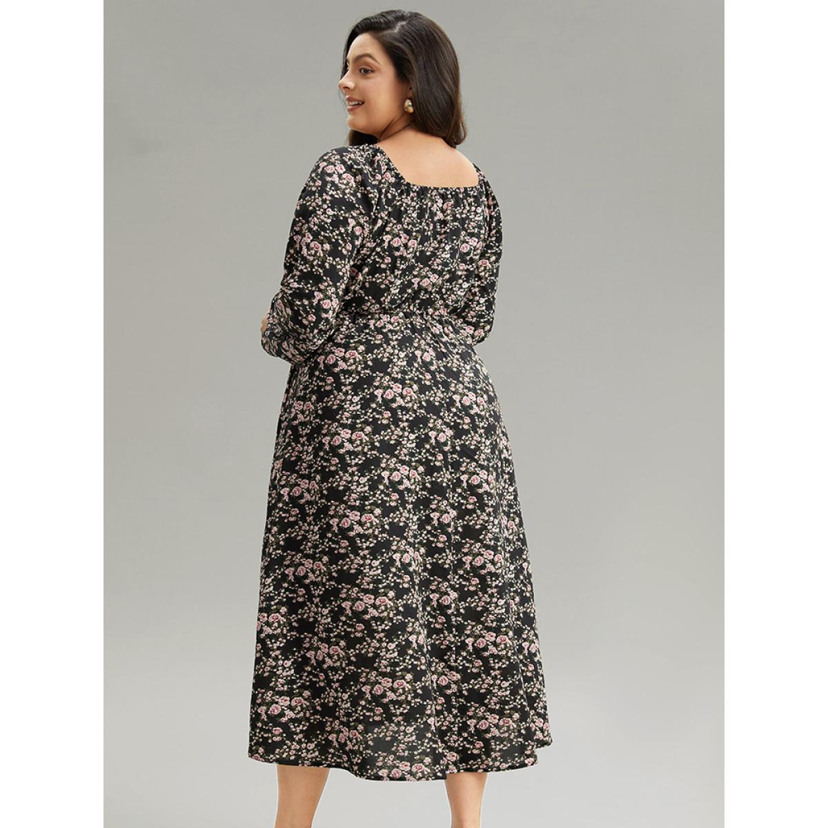Plus Size Ditsy Floral Pocket Plicated Detail Split Side Dress Black Women Elegant Elastic cuffs Square Neck Long Sleeve Curvy Midi Dress BloomChic 22-24/3X Product Image