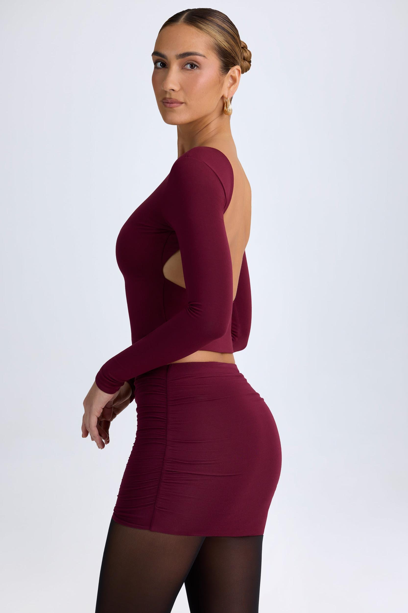 Modal Ruched Mid-Rise Mini Skirt in Wine Red Product Image