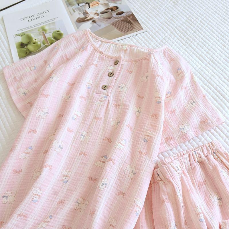 Pajama Set: Short-Sleeve Half Buttoned Print Top + Shorts Product Image