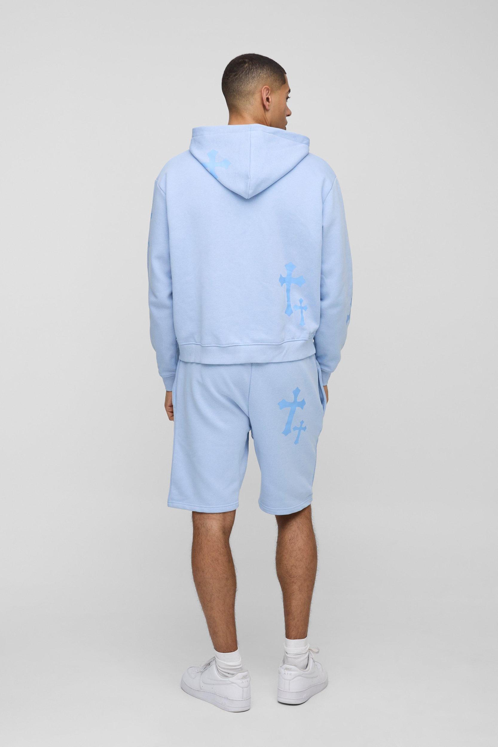 Oversized Boxy Gothic M Cross Print Hooded Zip Through Short Tracksuit | boohooMAN USA Product Image