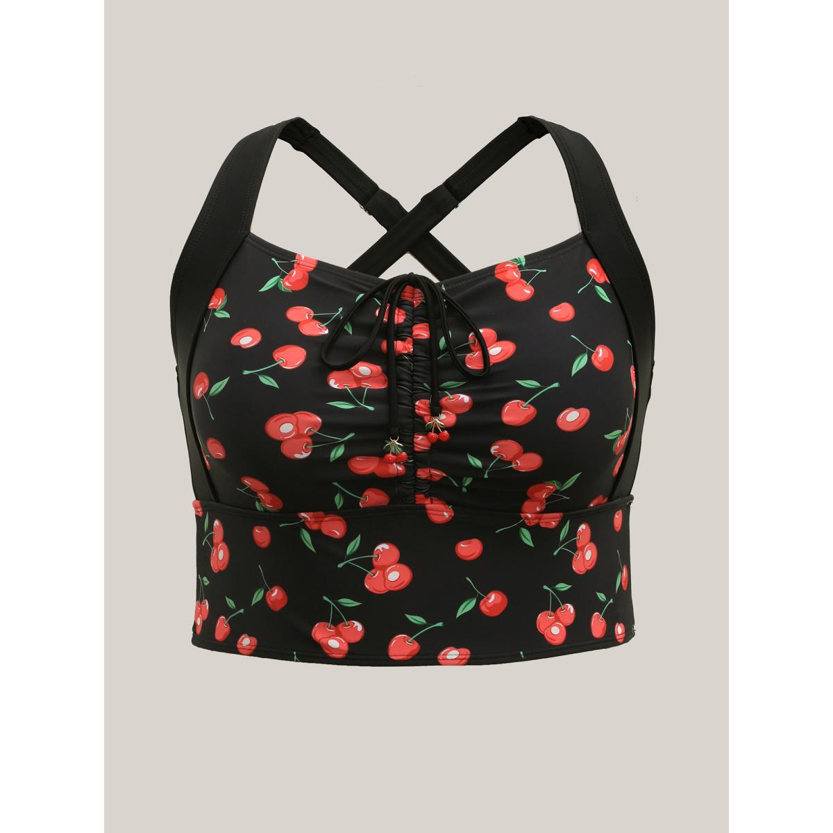 Plus Size Cherry Print Ruched Drawstring Swim Top Women's Swimwear Black Resort High stretch Skinny Heart neckline Curve Swim Tops BloomChic 18-20/2X Product Image
