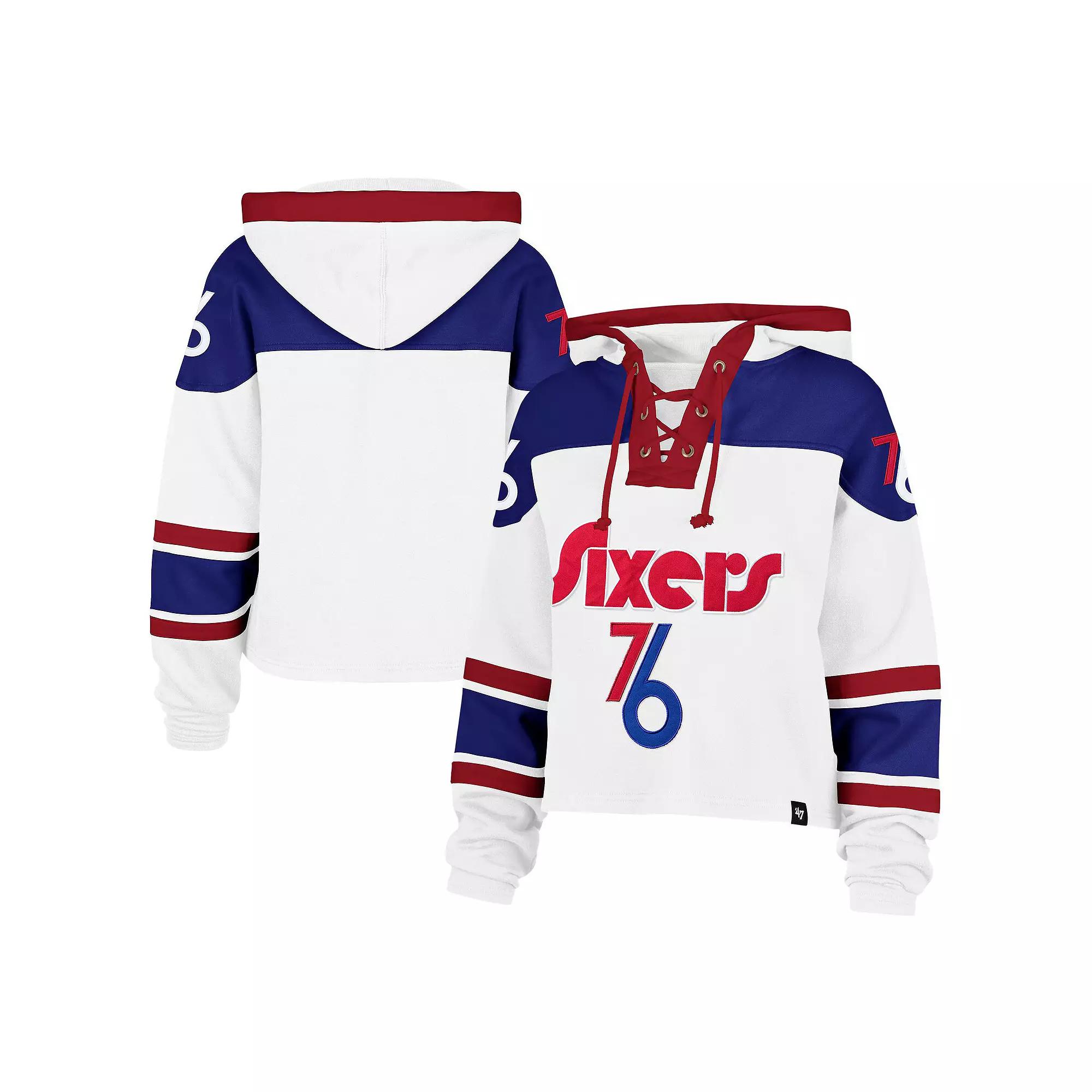 Women's '47 White Philadelphia 76ers 2024/25 City Edition Superior Cropped Lace-Up Pullover Hoodie, Size: 2XL, 76r White Product Image